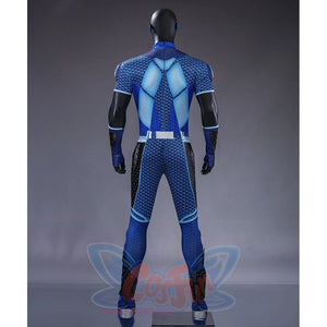 The Boys A-Train Reggie Franklin cosplay costume back view frames blue rear panels above dark leg guards