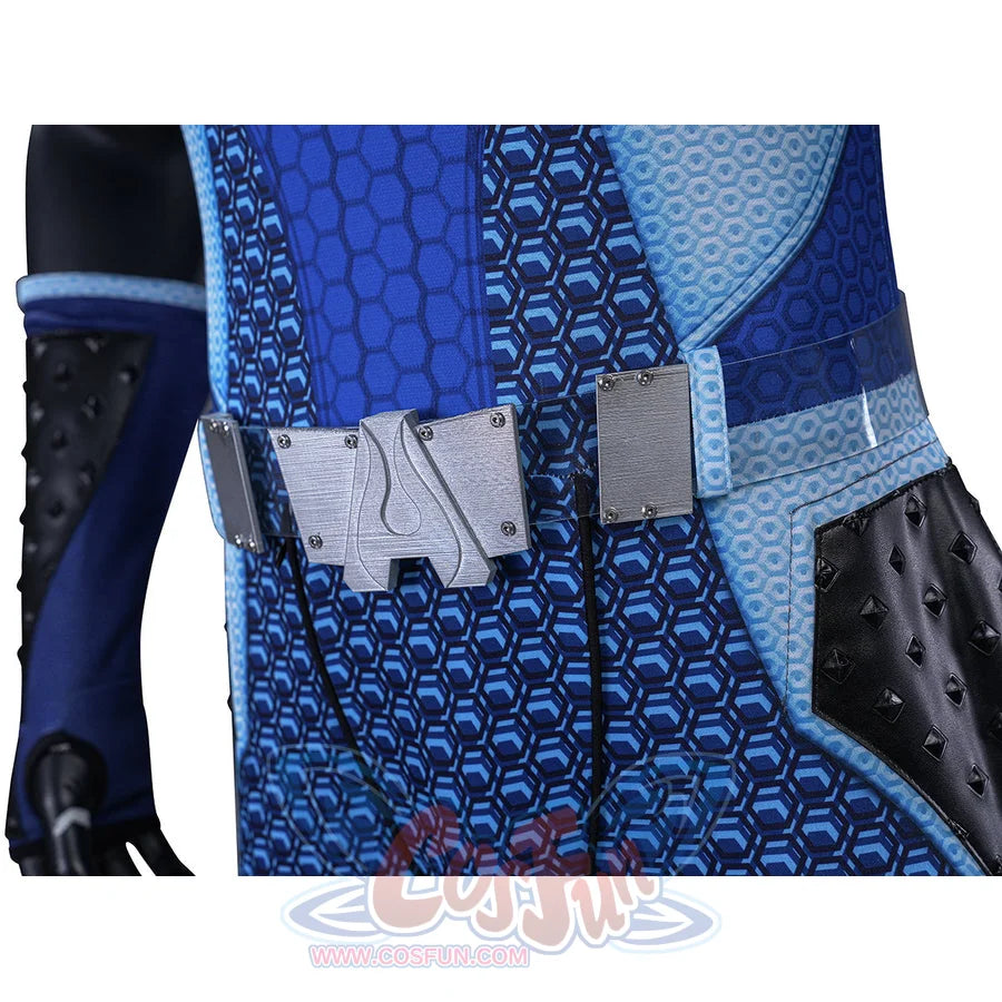 The Boys A-Train Reggie Franklin cosplay belt close-up sets gray buckle plates over blue patterned pants