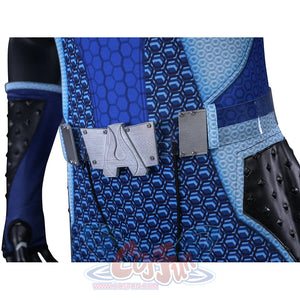 The Boys A-Train Reggie Franklin cosplay belt close-up sets gray buckle plates over blue patterned pants