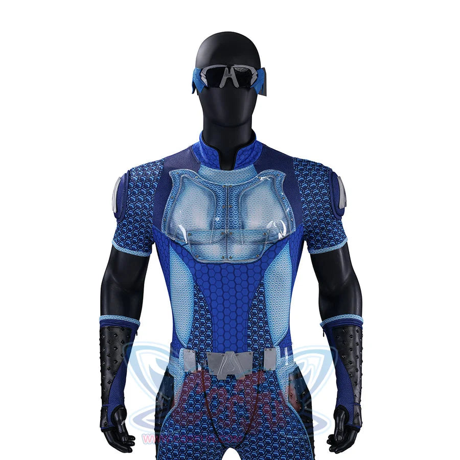 The Boys A-Train Reggie Franklin cosplay costume upper body detail pairs chest armor with black sleeve guards