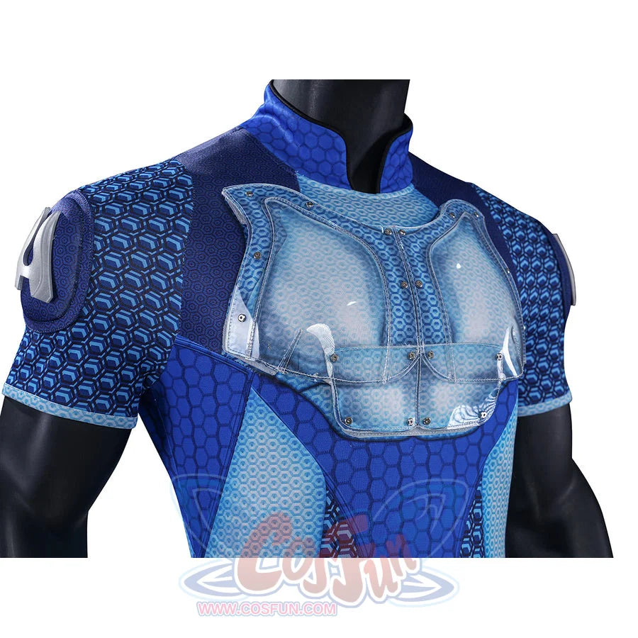 The Boys A-Train Reggie Franklin cosplay chest armor close-up layers pale plates over blue mesh texture