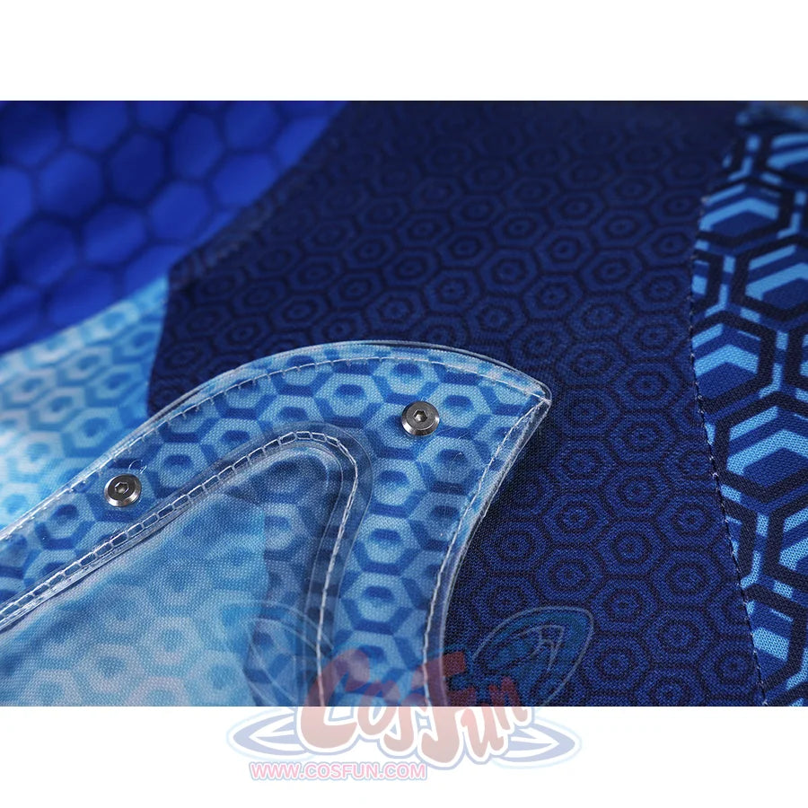 The Boys A-Train Reggie Franklin cosplay chest panel texture blends pale blue arcs over darker scale print