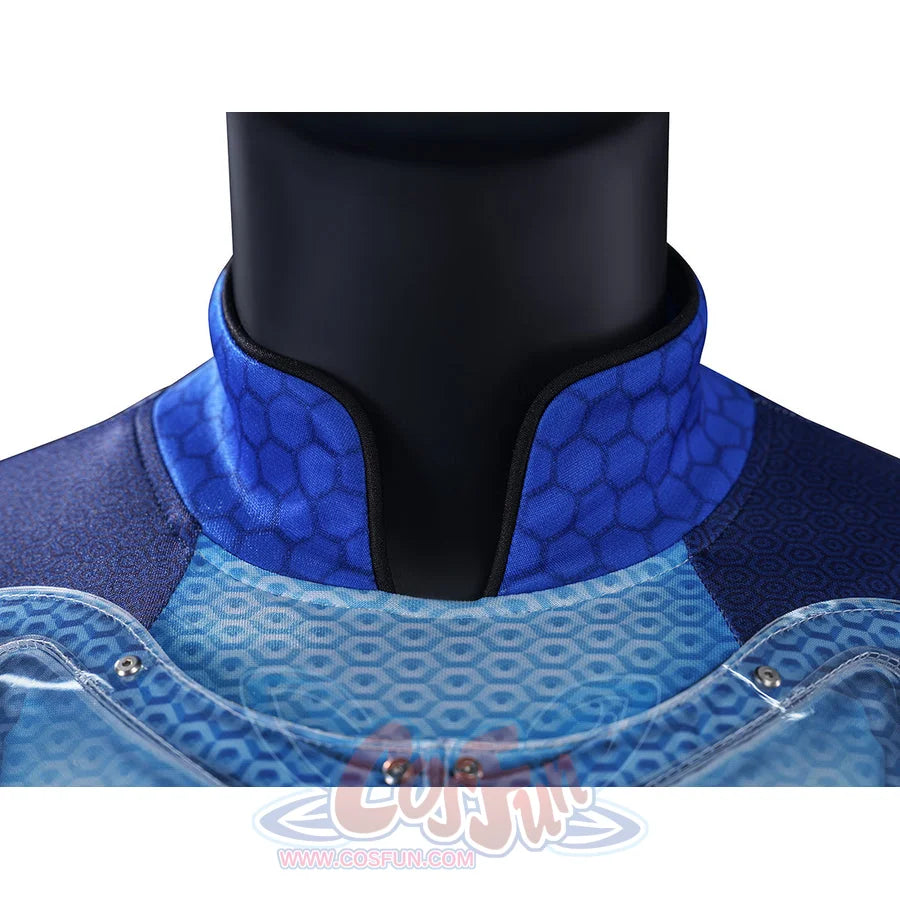 The Boys A-Train Reggie Franklin cosplay costume collar detail layers a blue standing neck over pale chest trim