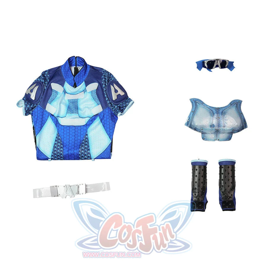 The Boys A-Train Reggie Franklin cosplay costume flat lay arranges the bodysuit, armor, wrist guards and glasses