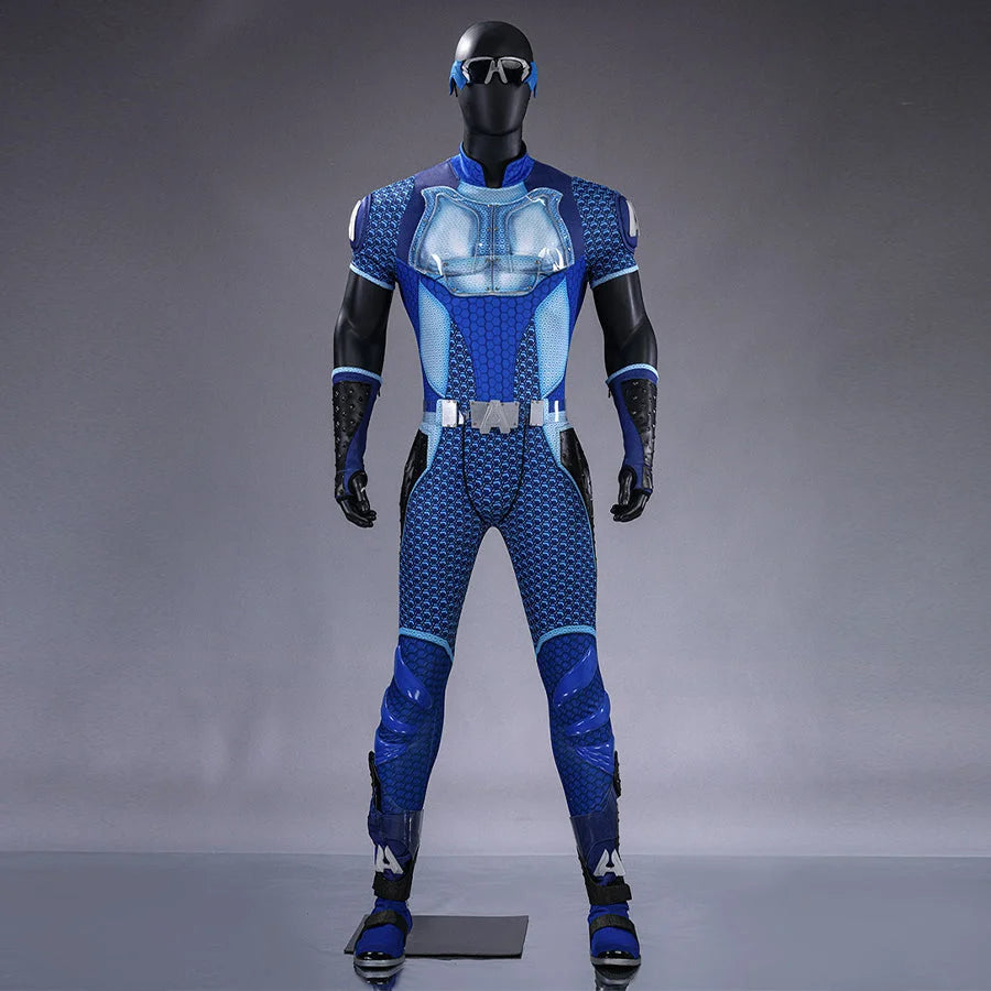 COSFUN The Boys A-Train Reggie Franklin cosplay costume front view layers blue armor over a speed suit