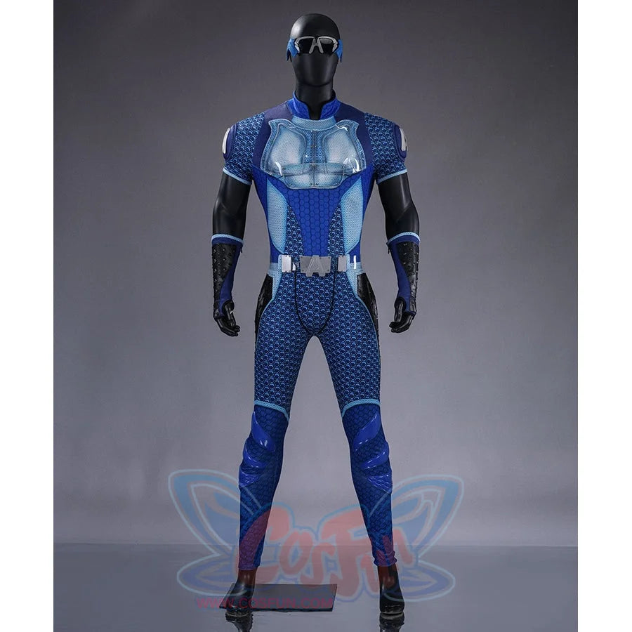 The Boys A-Train Reggie Franklin cosplay costume front view adds sunglasses above blue torso armor
