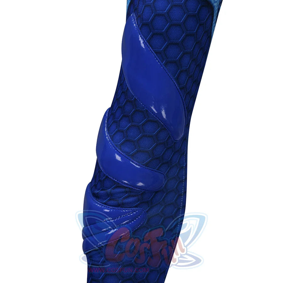 The Boys A-Train Reggie Franklin cosplay knee panel detail curves glossy blue armor across the lower leg