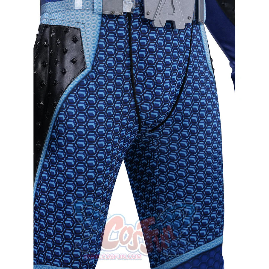 The Boys A-Train Reggie Franklin cosplay pants texture close-up contrasts blue scales and pale curved trim