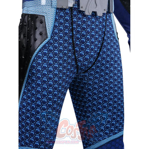 The Boys A-Train Reggie Franklin cosplay pants texture close-up contrasts blue scales and pale curved trim