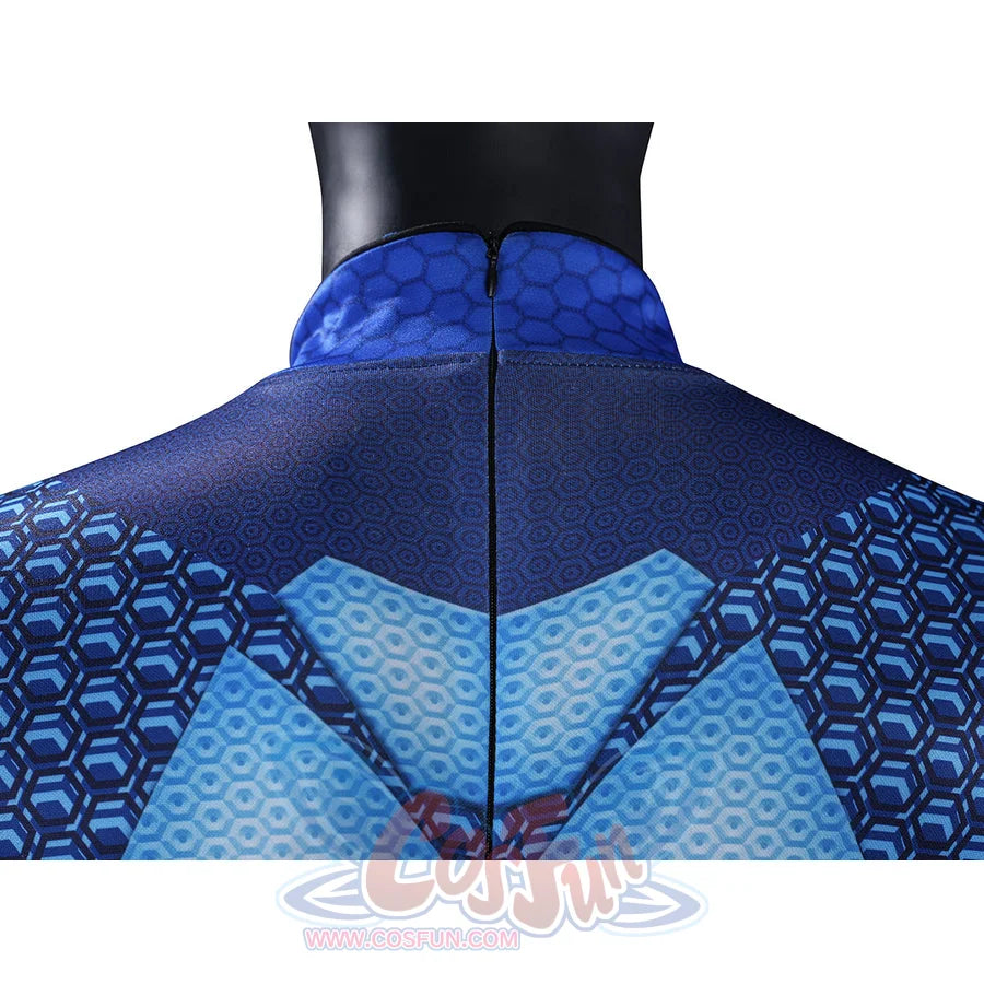 The Boys A-Train Reggie Franklin cosplay rear collar detail runs a center seam through blue back panels
