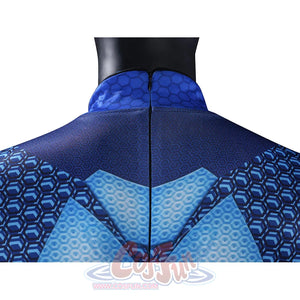 The Boys A-Train Reggie Franklin cosplay rear collar detail runs a center seam through blue back panels