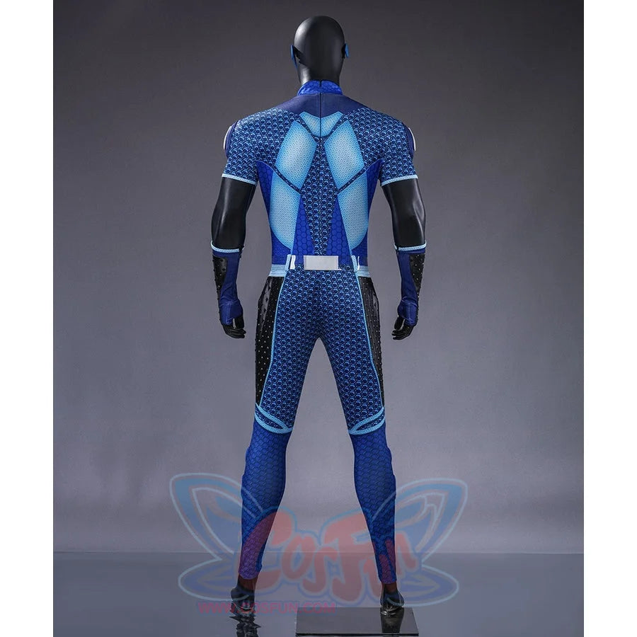 The Boys A-Train Reggie Franklin cosplay costume rear view sets a bright blue spine panel between dark sleeves