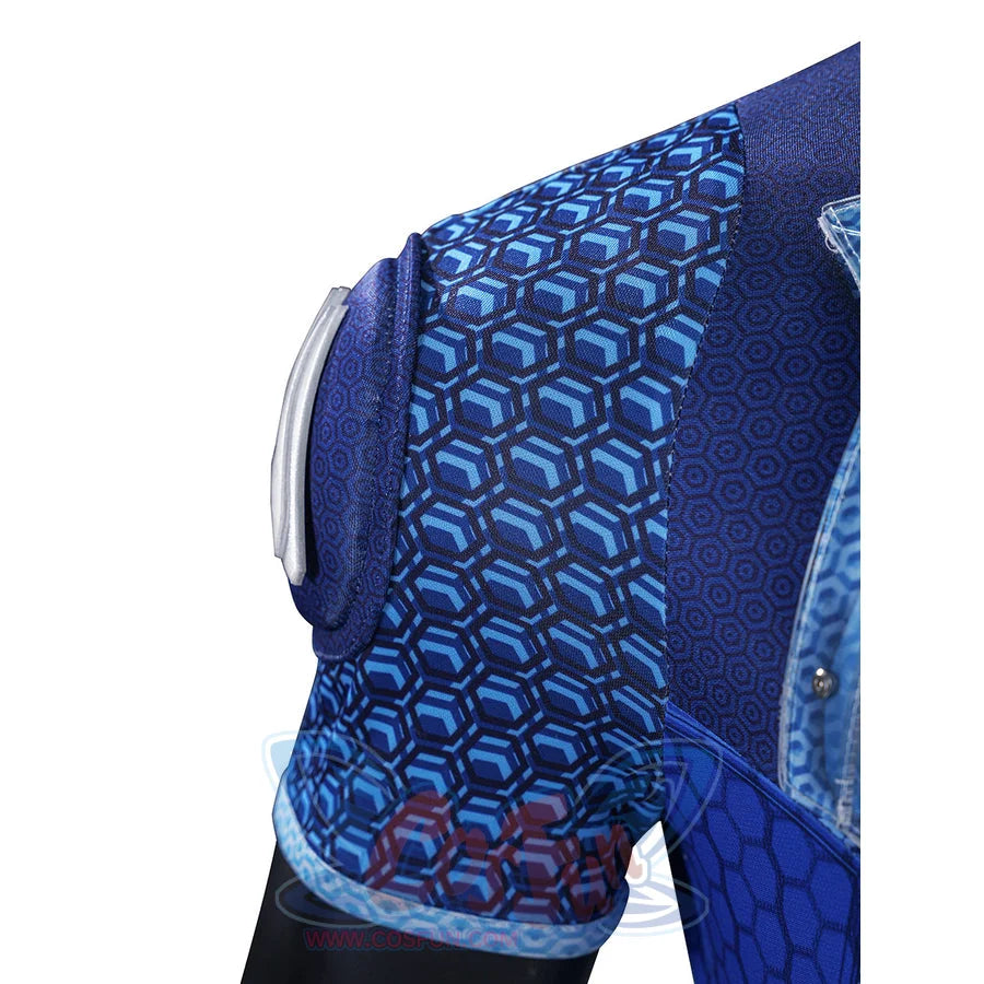 The Boys A-Train Reggie Franklin cosplay sleeve detail sets blue patterned fabric beside a white shoulder emblem