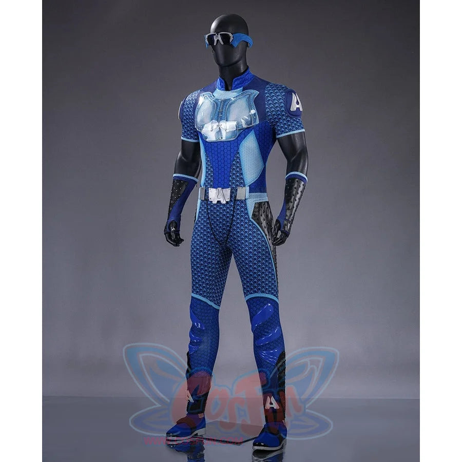 The Boys A-Train Reggie Franklin cosplay costume three-quarter view centers chest armor and blue paneling