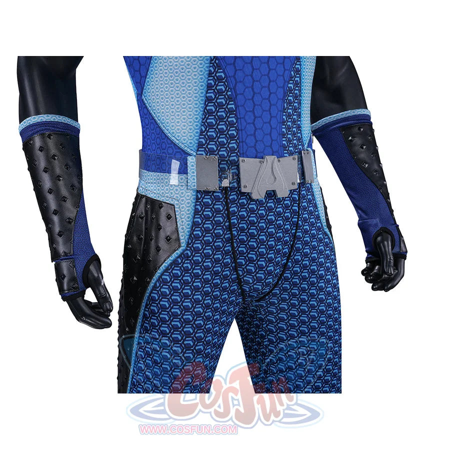 The Boys A-Train Reggie Franklin cosplay waist detail anchors a gray belt across blue patterned fabric