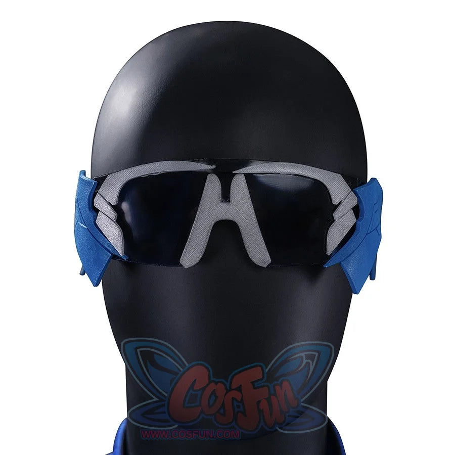 The Boys A-Train Reggie Franklin cosplay glasses close-up centers black lenses in a blue wraparound frame