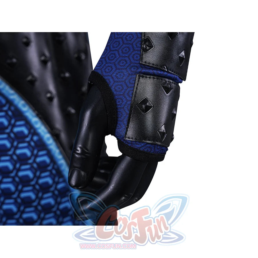 The Boys A-Train Reggie Franklin cosplay glove detail layers a black wrist guard over blue sleeve trim
