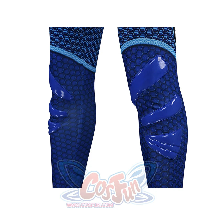 The Boys A-Train Reggie Franklin cosplay knee armor detail stacks glossy blue pads along the lower legs