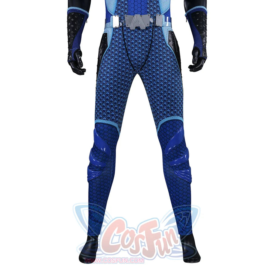 The Boys A-Train Reggie Franklin cosplay pants detail highlights blue textured legs beneath a gray belt
