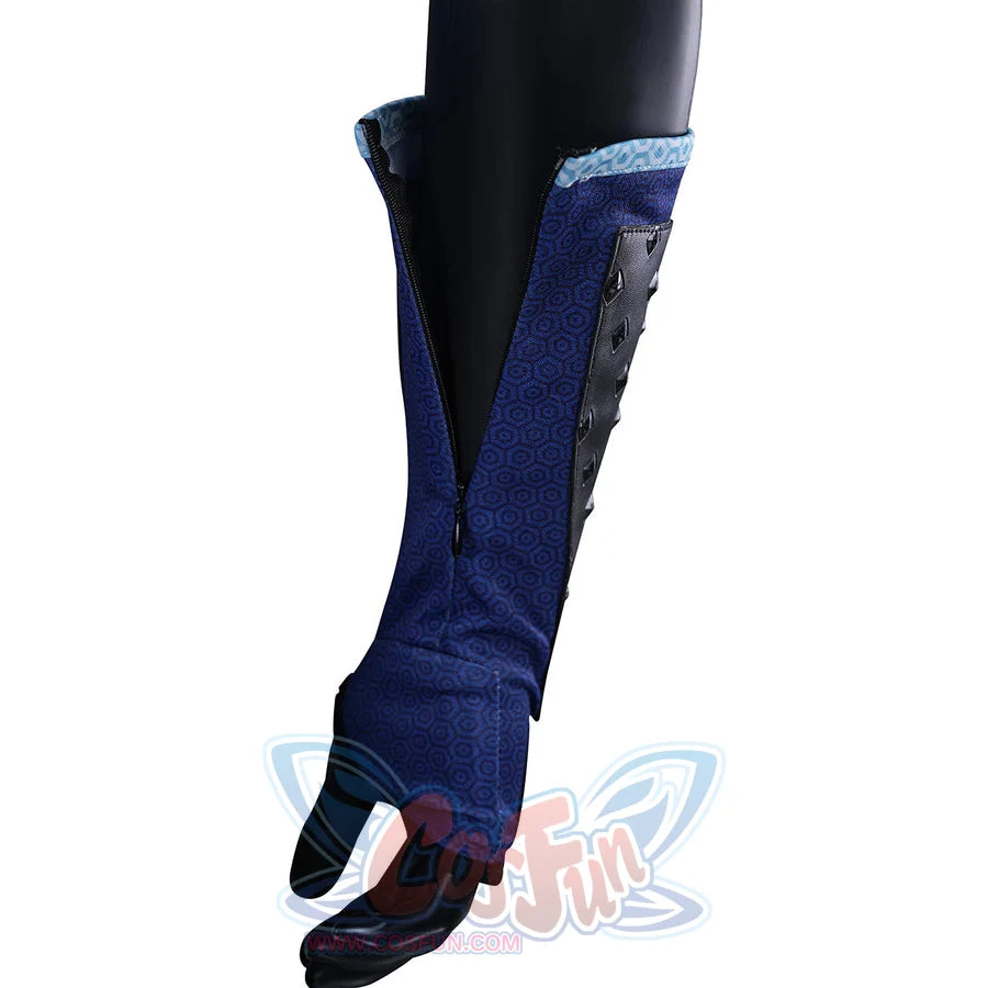 The Boys A-Train Reggie Franklin cosplay wrist guard accessory lays blue trim across a black sleeve piece