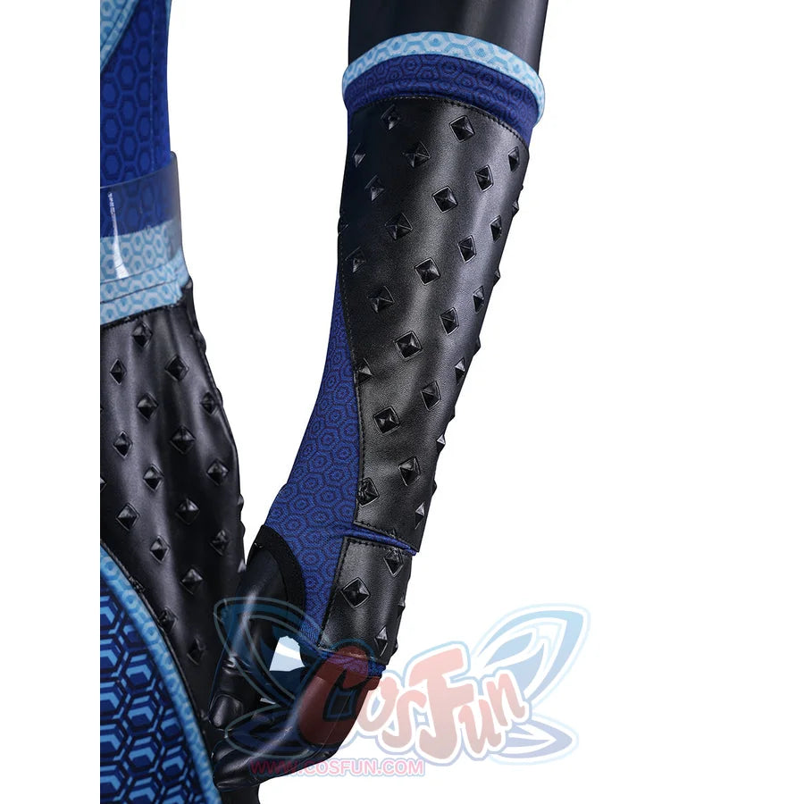 The Boys A-Train Reggie Franklin cosplay wrist guard detail frames black faux leather beside blue fabric
