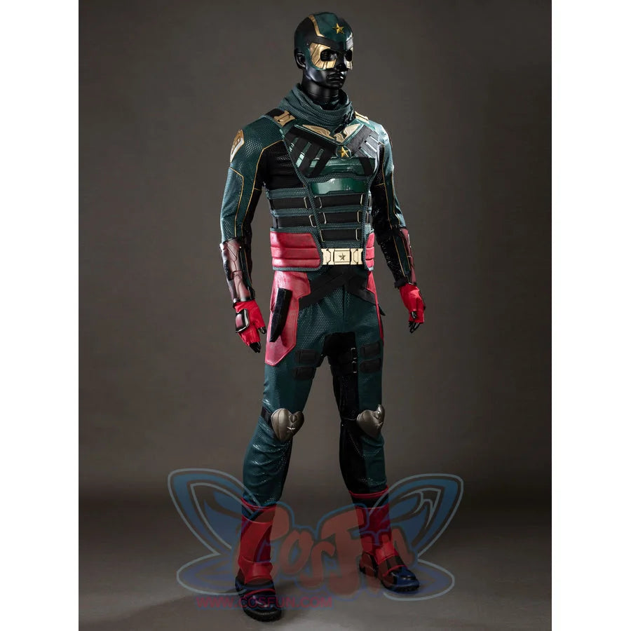The Boys Soldier Boy cosplay costume sets a green armored vest above burgundy hip pads and gloves.