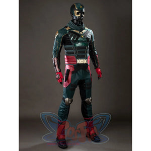 The Boys Soldier Boy cosplay costume sets a green armored vest above burgundy hip pads and gloves.