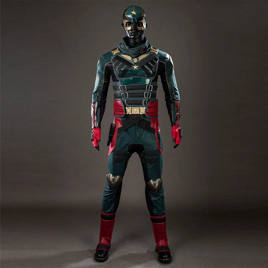 COSFUN The Boys Soldier Boy cosplay costume layers green armor panels over a fitted suit with burgundy accents.
