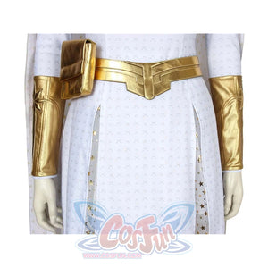 The Boys Starlight cosplay belt detail sets a gold-tone waist panel between matching forearm guards.
