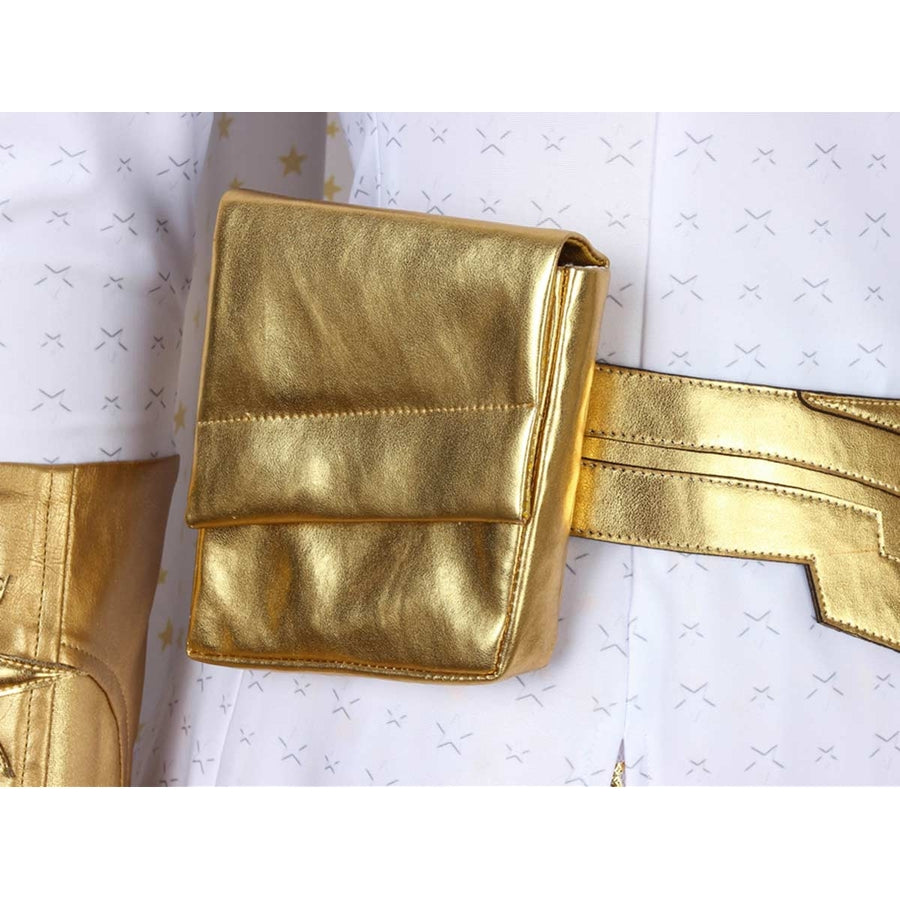 The Boys Starlight cosplay belt pouch anchors a metallic waist strap over the white mini dress.