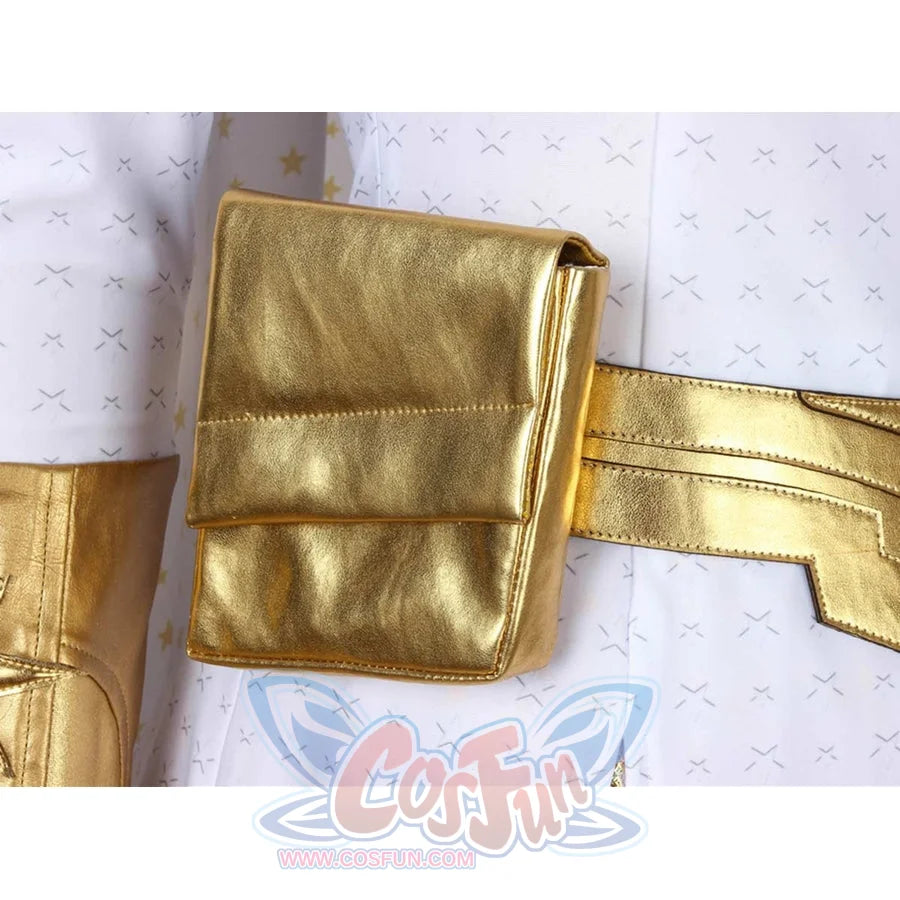 The Boys Starlight cosplay belt pouch anchors a metallic waist strap over the white mini dress.