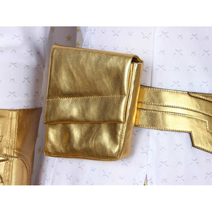 The Boys Starlight cosplay belt pouch anchors a metallic waist strap over the white mini dress.