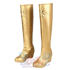 The Boys Starlight cosplay boots angled pair sets tall gold-tone shafts above wedge heels.