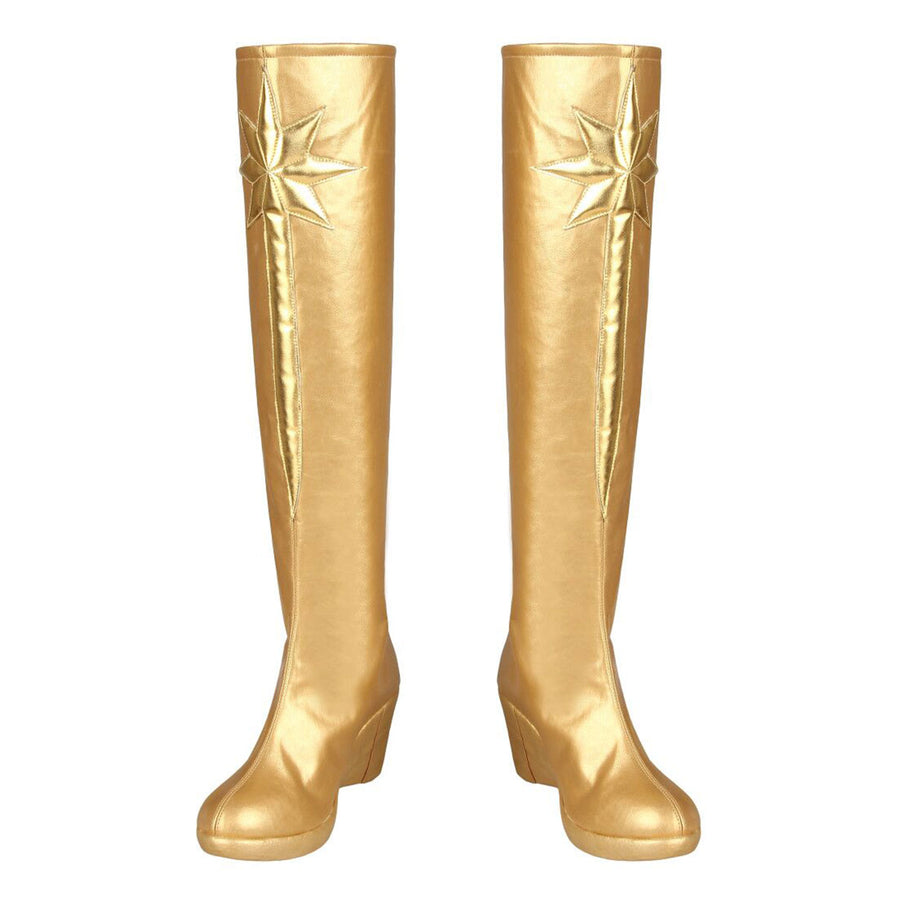 The Boys Starlight cosplay boots front pair rises in metallic gold-tone panels below star emblems.