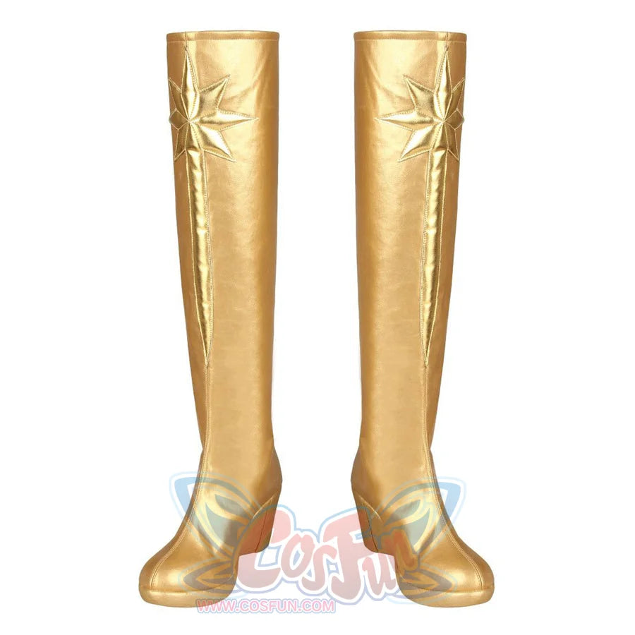 The Boys Starlight cosplay boots front pair rises in metallic gold-tone panels below star emblems.