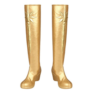 The Boys Starlight cosplay boots front pair rises in metallic gold-tone panels below star emblems.