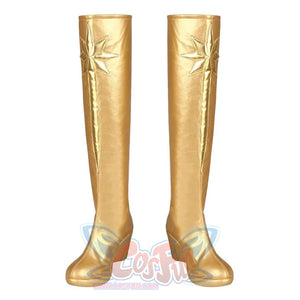 The Boys Starlight cosplay boots front pair rises in metallic gold-tone panels below star emblems.