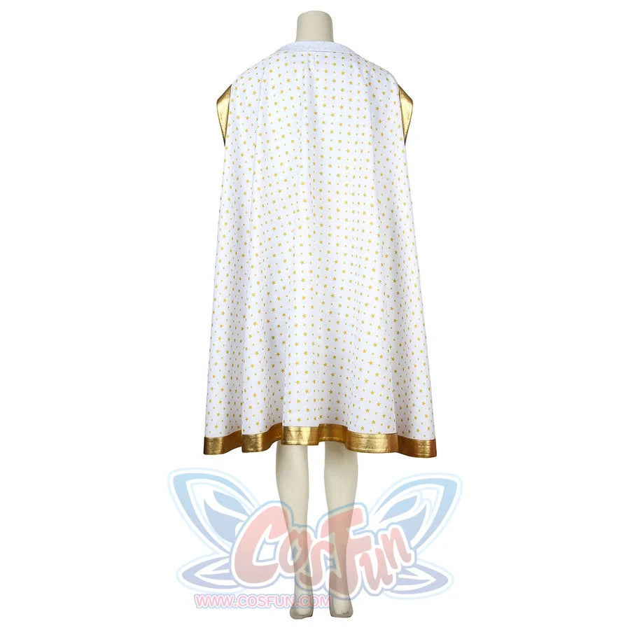 The Boys Starlight cosplay cape back view drops star-speckled white fabric to a gold-tone hem.
