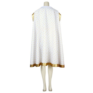 The Boys Starlight cosplay cape back view drops star-speckled white fabric to a gold-tone hem.