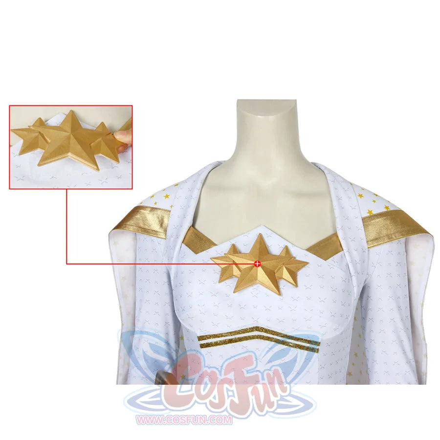 The Boys Starlight cosplay bodice close-up frames the raised star emblem above gold-tone chest trim.