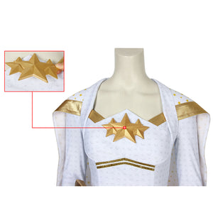 The Boys Starlight cosplay bodice close-up frames the raised star emblem above gold-tone chest trim.