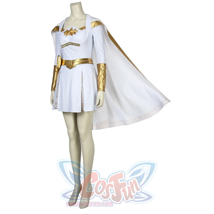 The Boys Starlight cosplay costume angled view spreads a white cape beside the fitted mini dress.