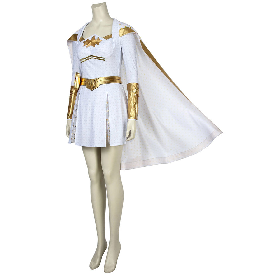 The Boys Starlight cosplay costume angled view spreads a white cape beside the fitted mini dress.