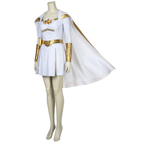 The Boys Starlight cosplay costume angled view spreads a white cape beside the fitted mini dress.