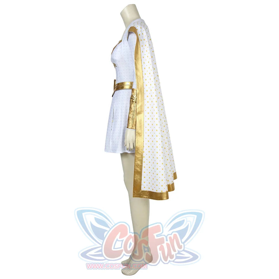 The Boys Starlight cosplay costume side view traces a long white cape past the fitted mini dress.