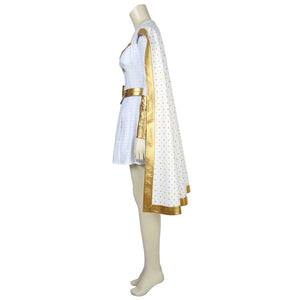 The Boys Starlight cosplay costume side view traces a long white cape past the fitted mini dress.