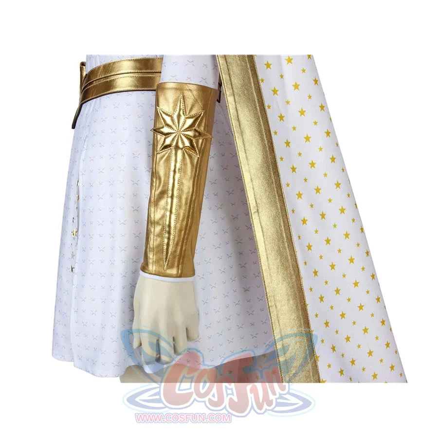 The Boys Starlight cosplay forearm guard detail layers a gold-tone panel beside the cape edge.