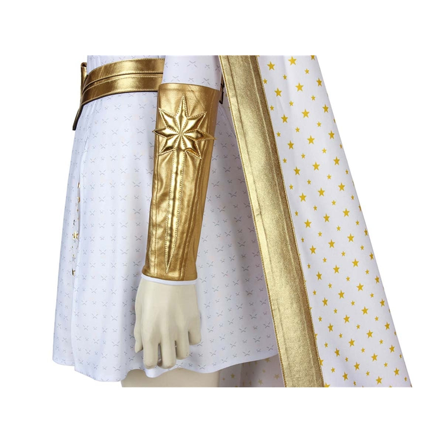 The Boys Starlight cosplay forearm guard detail layers a gold-tone panel beside the cape edge.