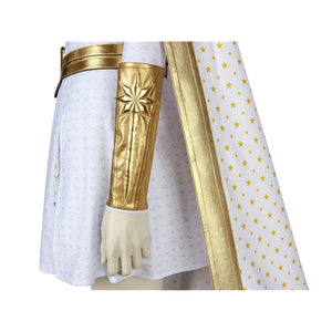 The Boys Starlight cosplay forearm guard detail layers a gold-tone panel beside the cape edge.