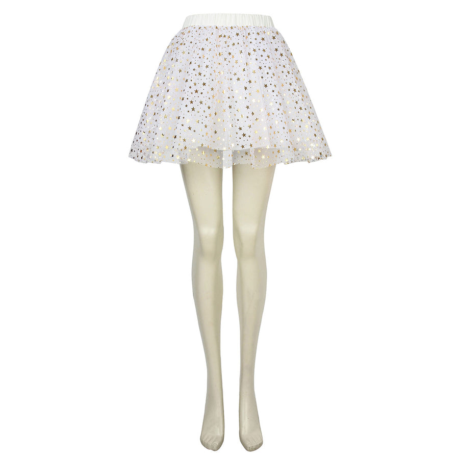 The Boys Starlight cosplay skirt front view layers sheer star mesh over the flared white mini skirt.
